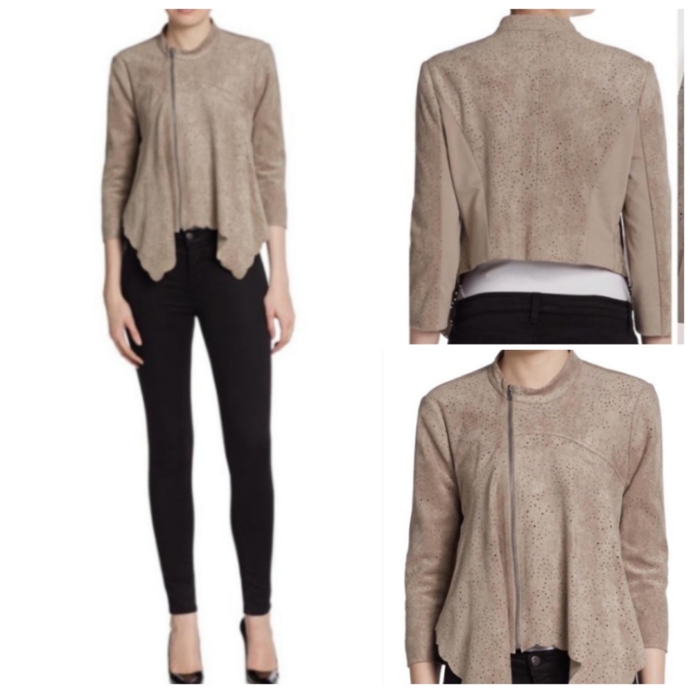 BCBGMaxAzria Faux Suede Jacket Moto Style Perforated Hi Lo Scalloped Front Hem - Picture 13 of 13